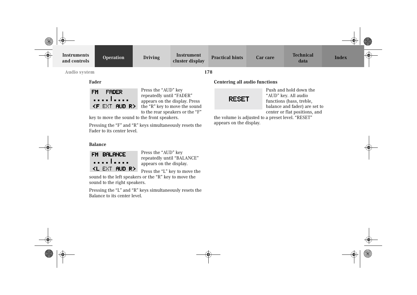 Fader, Balance, Centering all audio functions | Balance centering all audio functions | Mercedes-Benz 2002 C-Class User Manual | Page 181 / 406