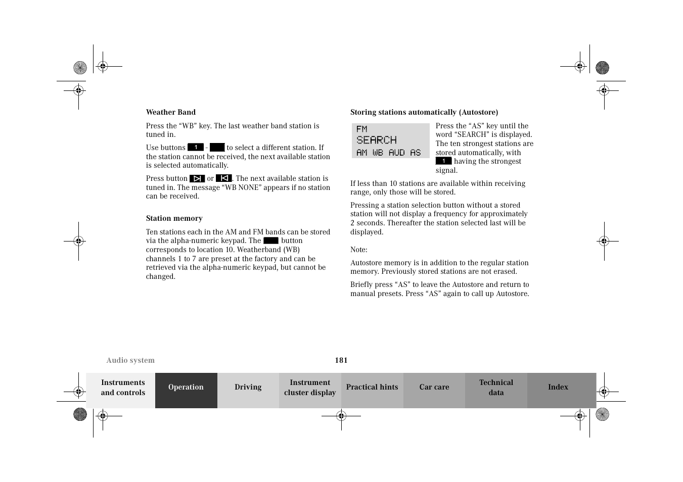 Weather band, Station memory, Storing stations automatically (autostore) | Autostore) | Mercedes-Benz 2002 C-Class User Manual | Page 184 / 406