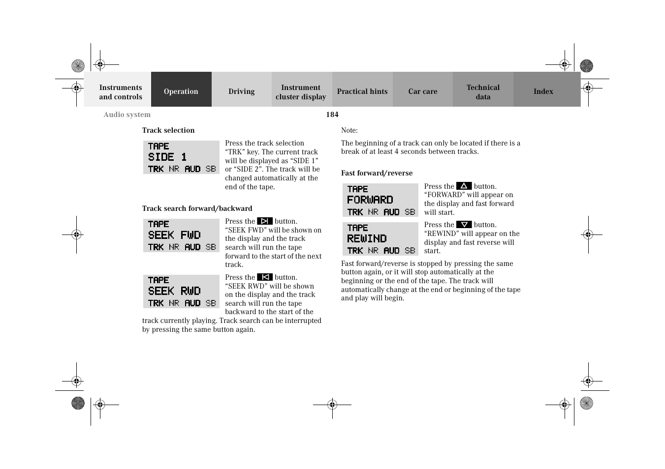 Track selection, Track search forwards/backwards, Fast forward/reverse | Forwards/backwards | Mercedes-Benz 2002 C-Class User Manual | Page 187 / 406
