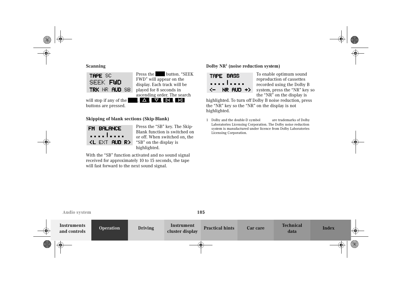 Scanning, Dolbynr, Scanning scanning dolby nr 1 | Noise reduction system | Mercedes-Benz 2002 C-Class User Manual | Page 188 / 406