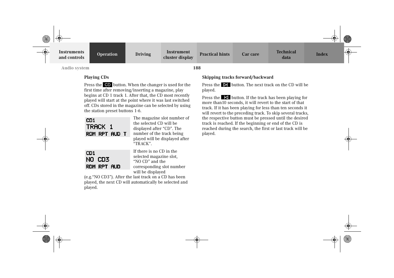 Playing cds, Skipping tracks forward/backward, Playing cds skipping tracks | Forward/backward | Mercedes-Benz 2002 C-Class User Manual | Page 191 / 406