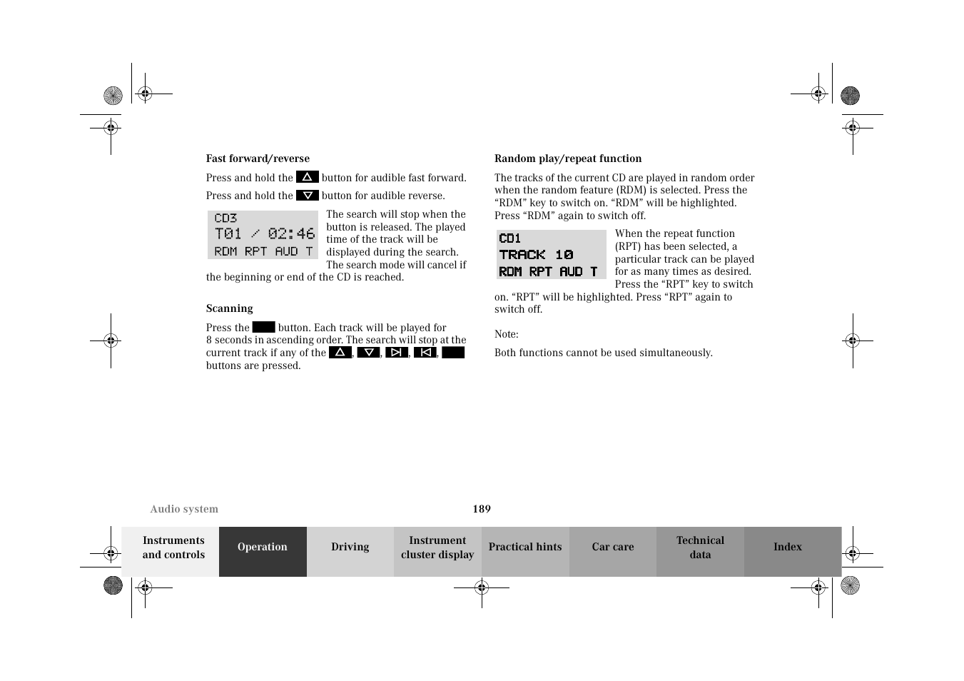 Fast forward/reverse, Scanning, Random play/repeat function | Mercedes-Benz 2002 C-Class User Manual | Page 192 / 406