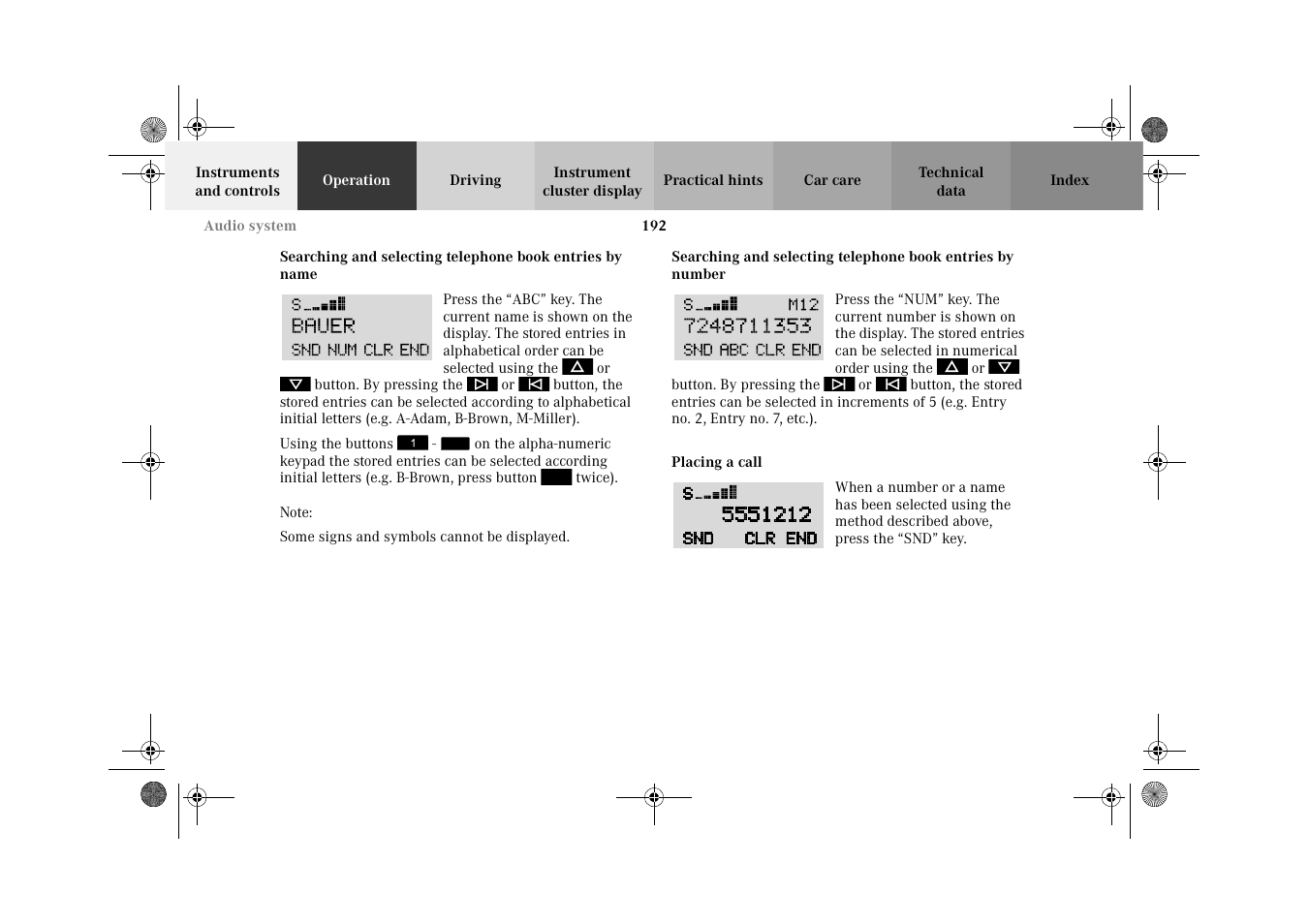 Placing a call, Searching and selecting, Phone book entries by number | Mercedes-Benz 2002 C-Class User Manual | Page 195 / 406