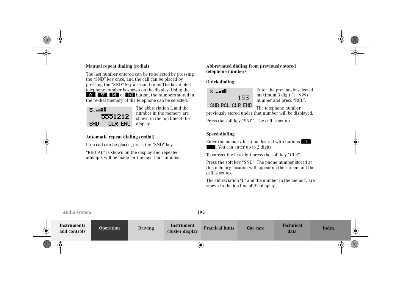 Manual repeat dialing (redial), Automatic repeat dialing (redial), Speed dialing | Manual repeat dialing, Redial), Automatic repeat dialing | Mercedes-Benz 2002 C-Class User Manual | Page 196 / 406