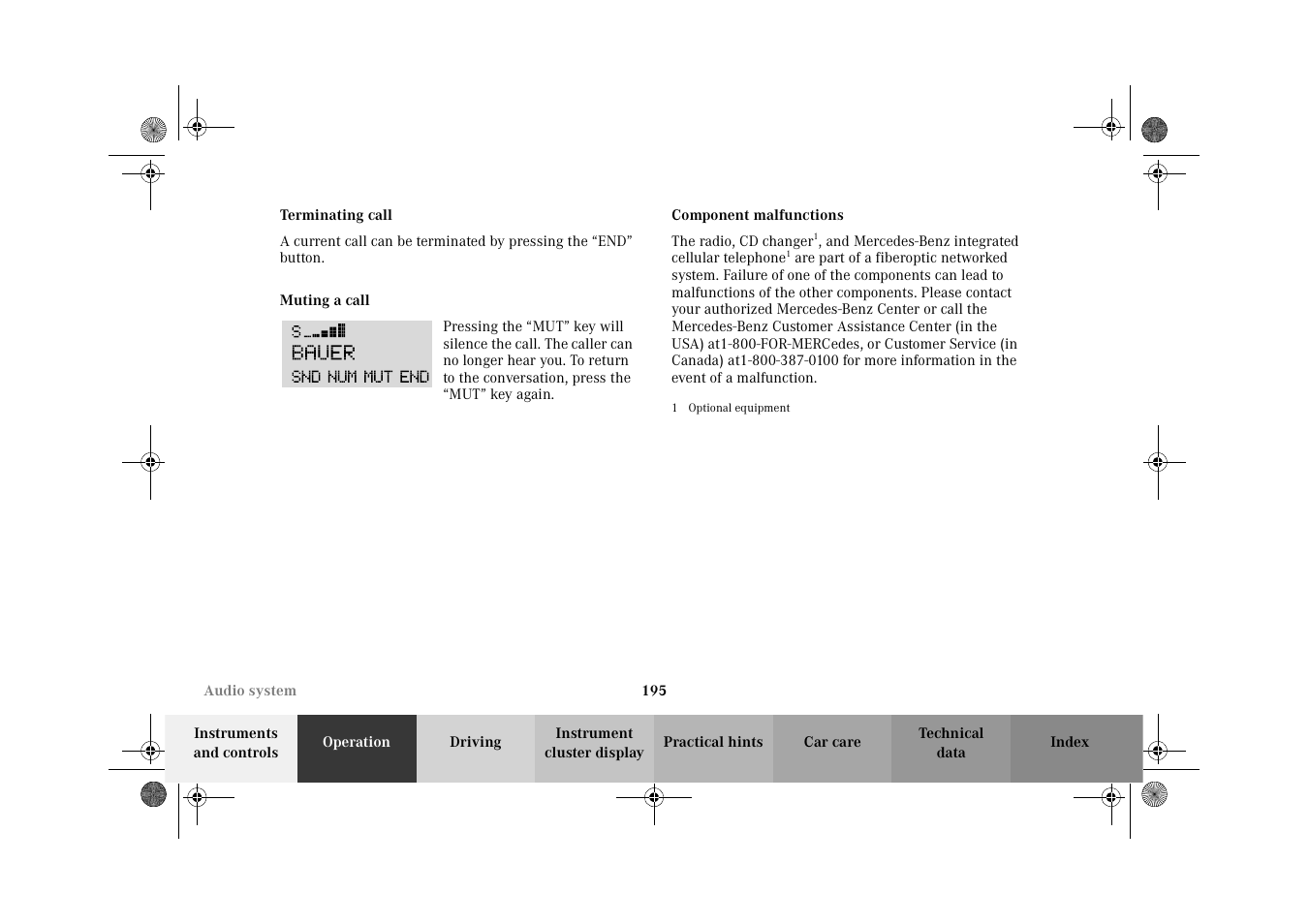 Terminating call, Muting a call, Component malfunctions | Mercedes-Benz 2002 C-Class User Manual | Page 198 / 406