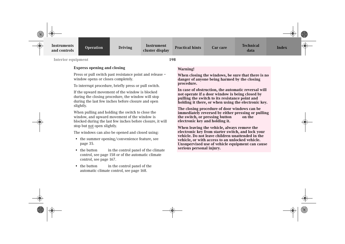 Power windows:express opening and closing | Mercedes-Benz 2002 C-Class User Manual | Page 201 / 406