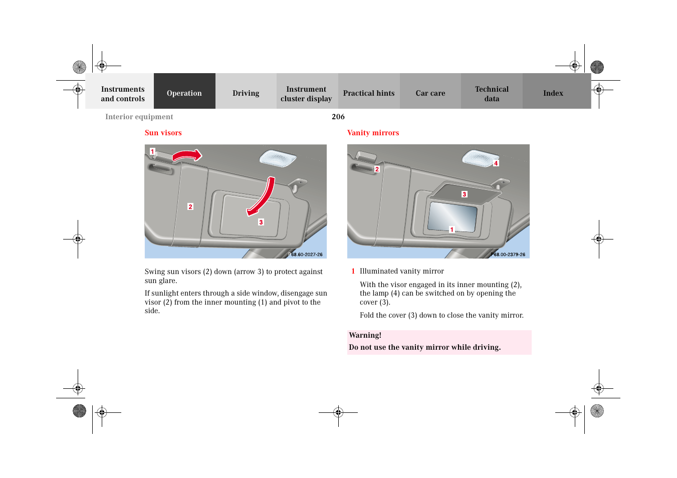 Sun visors, Vanity mirrors, Sun visors vanity mirrors | Mercedes-Benz 2002 C-Class User Manual | Page 209 / 406