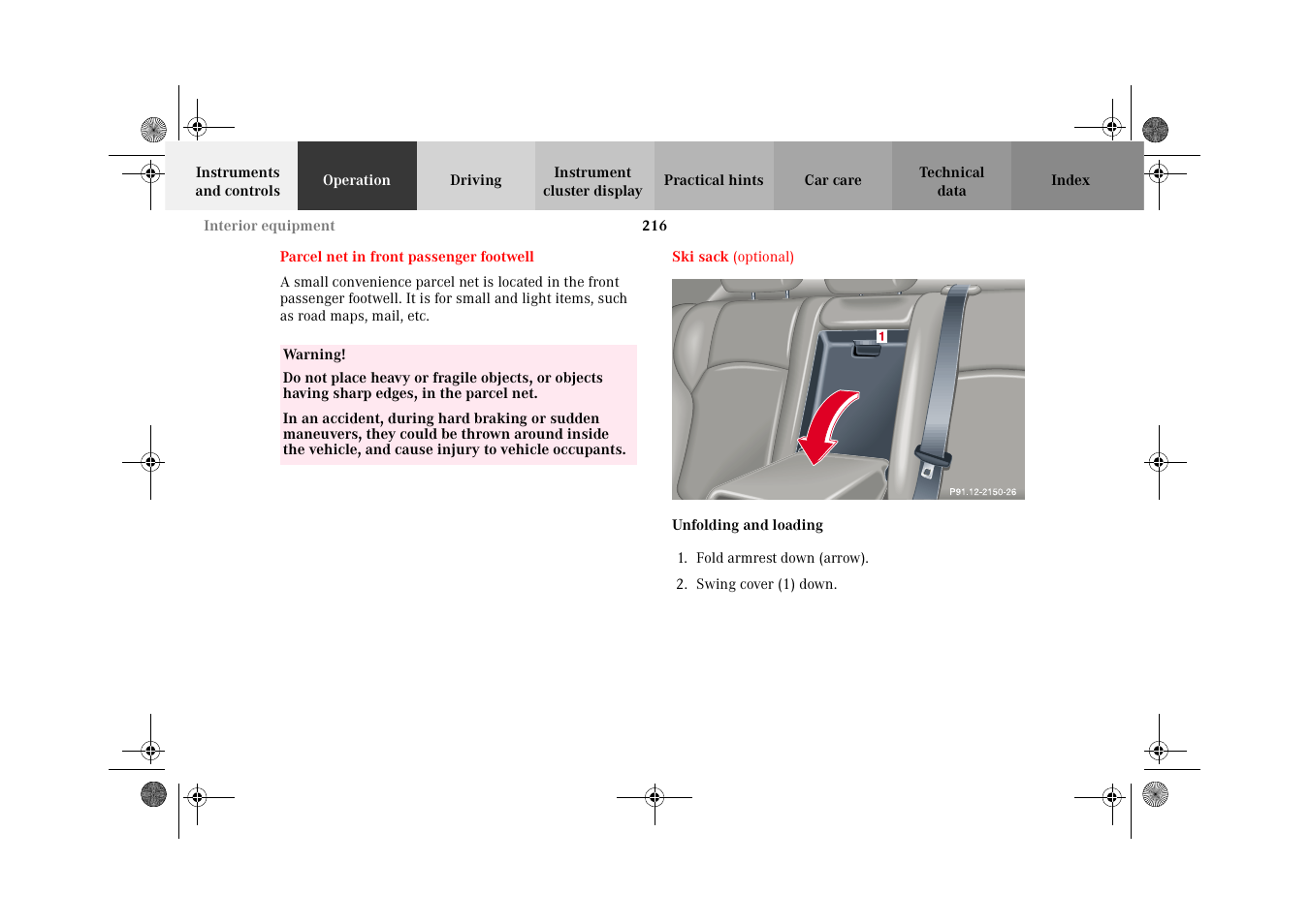 Parcel net in front passenger footwell, Ski sack, Parcel net in | Front passenger footwell | Mercedes-Benz 2002 C-Class User Manual | Page 219 / 406