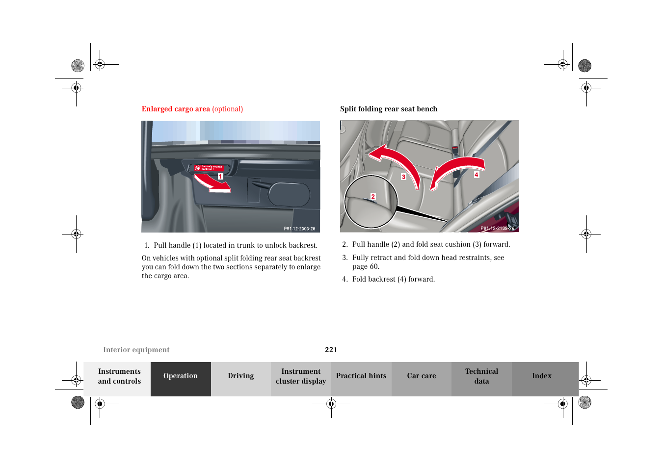 Enlarged cargo area, Split folding rear seat bench, Enlarged cargo area split folding rear seat bench | Mercedes-Benz 2002 C-Class User Manual | Page 224 / 406