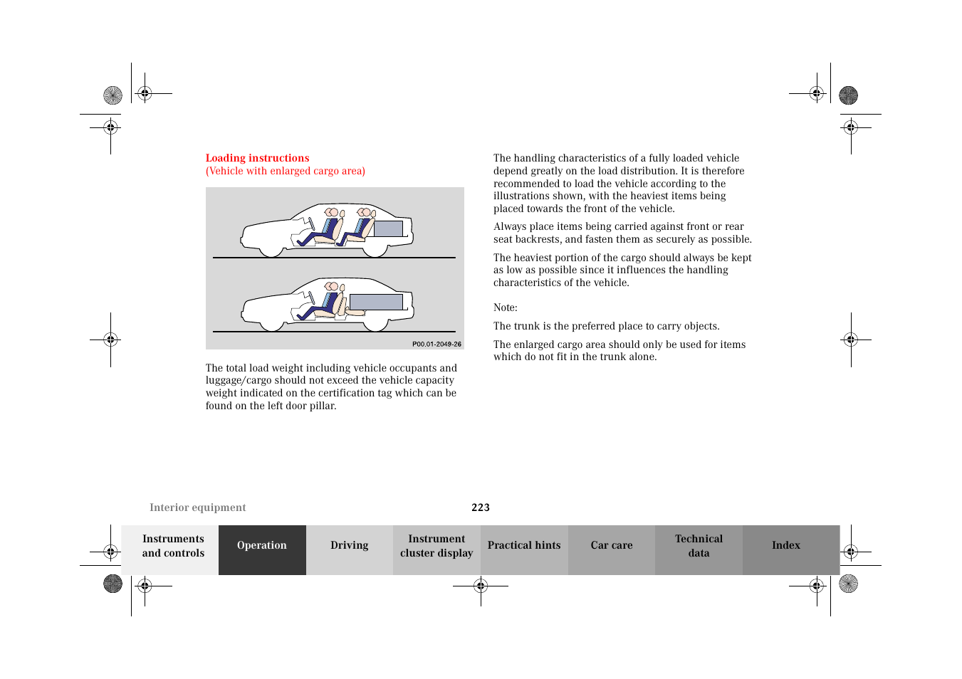 Loading instructions, Vehicle with enlarged cargo area) | Mercedes-Benz 2002 C-Class User Manual | Page 226 / 406