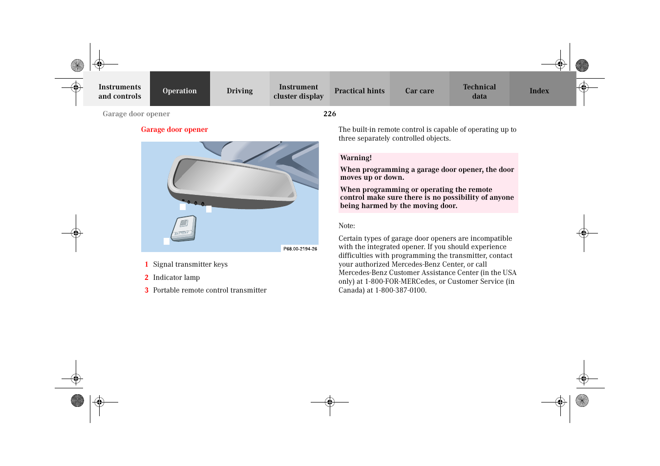 Garage door opener, Battery / alternator | Mercedes-Benz 2002 C-Class User Manual | Page 229 / 406