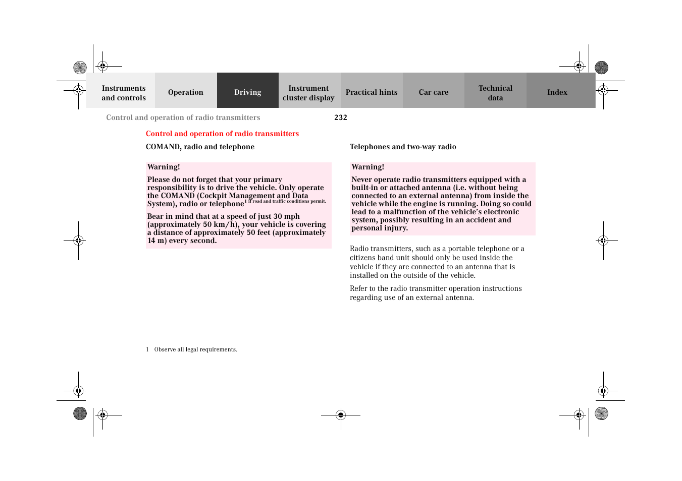 Driving, Comand, radio and telephone, Telephones and two-way radios | Control and operation of, Radio transmitters | Mercedes-Benz 2002 C-Class User Manual | Page 235 / 406