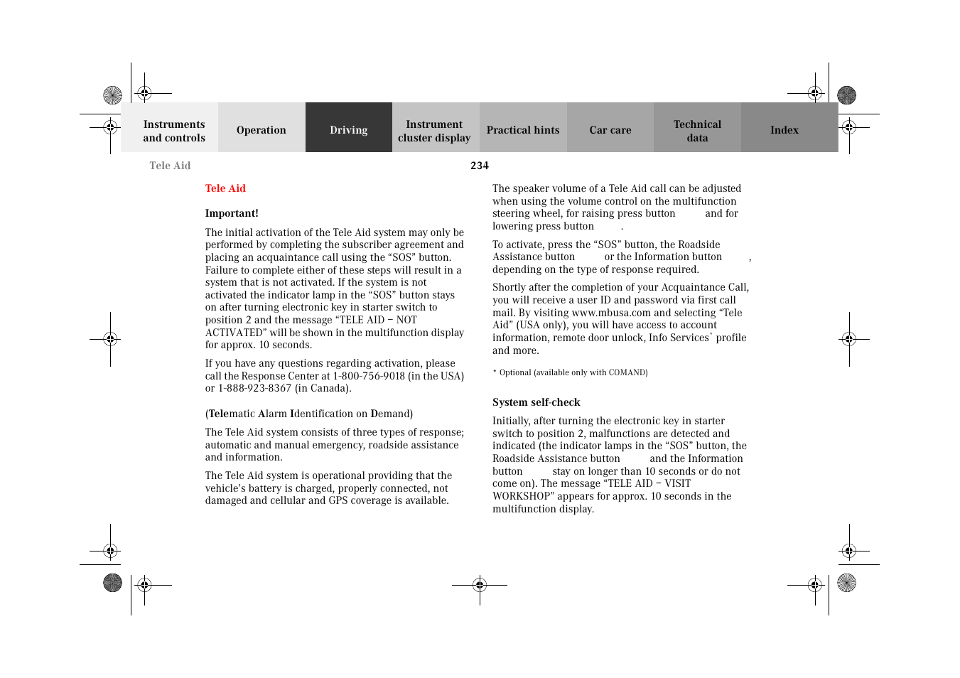 Tele aid, System self-check | Mercedes-Benz 2002 C-Class User Manual | Page 237 / 406