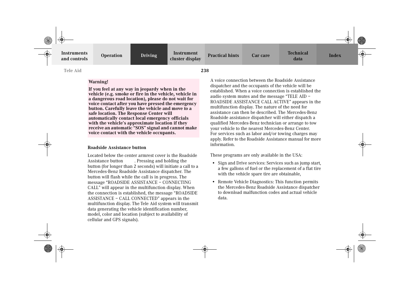 Tele aid:roadside assistance | Mercedes-Benz 2002 C-Class User Manual | Page 241 / 406