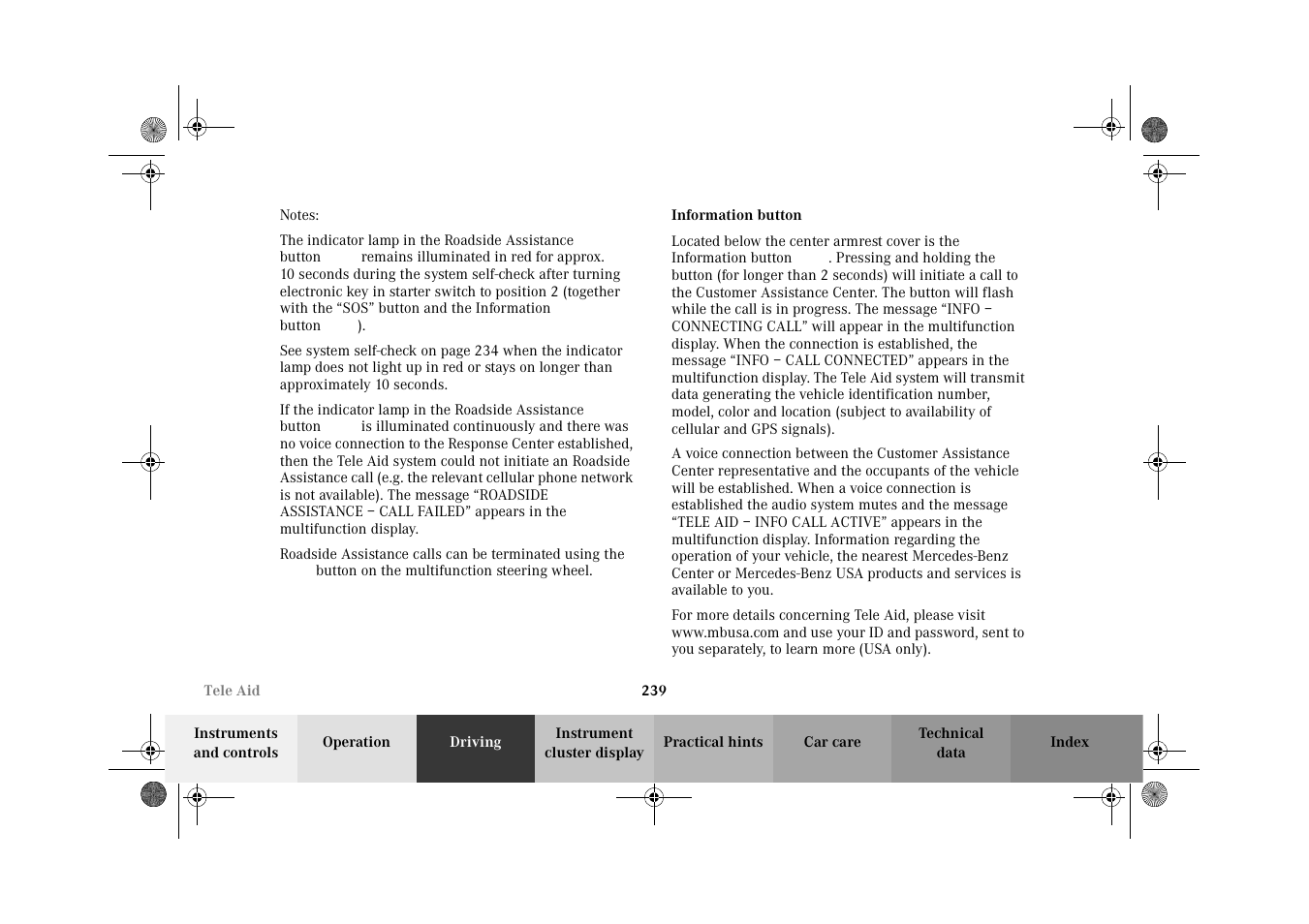 Tele aid:information | Mercedes-Benz 2002 C-Class User Manual | Page 242 / 406