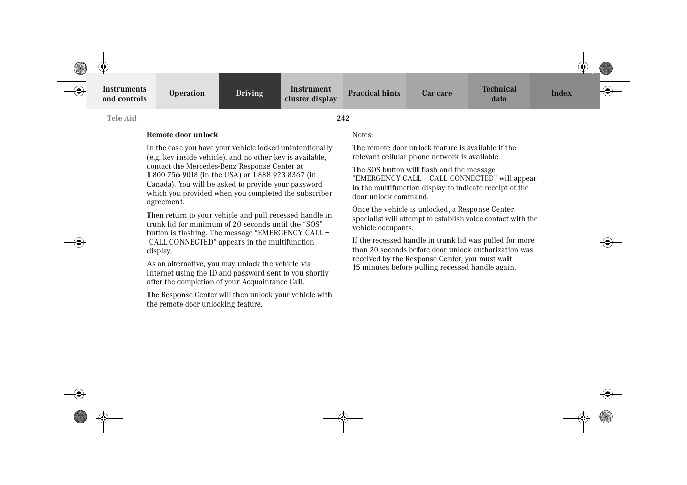 Remote door unlock | Mercedes-Benz 2002 C-Class User Manual | Page 245 / 406