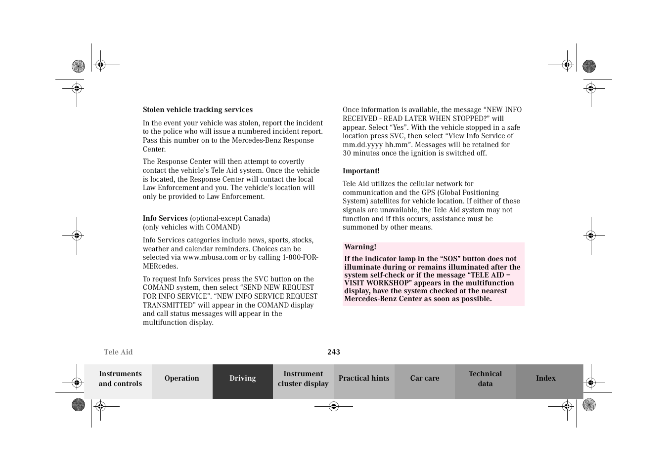 Stolen vehicle tracking services, Info services | Mercedes-Benz 2002 C-Class User Manual | Page 246 / 406