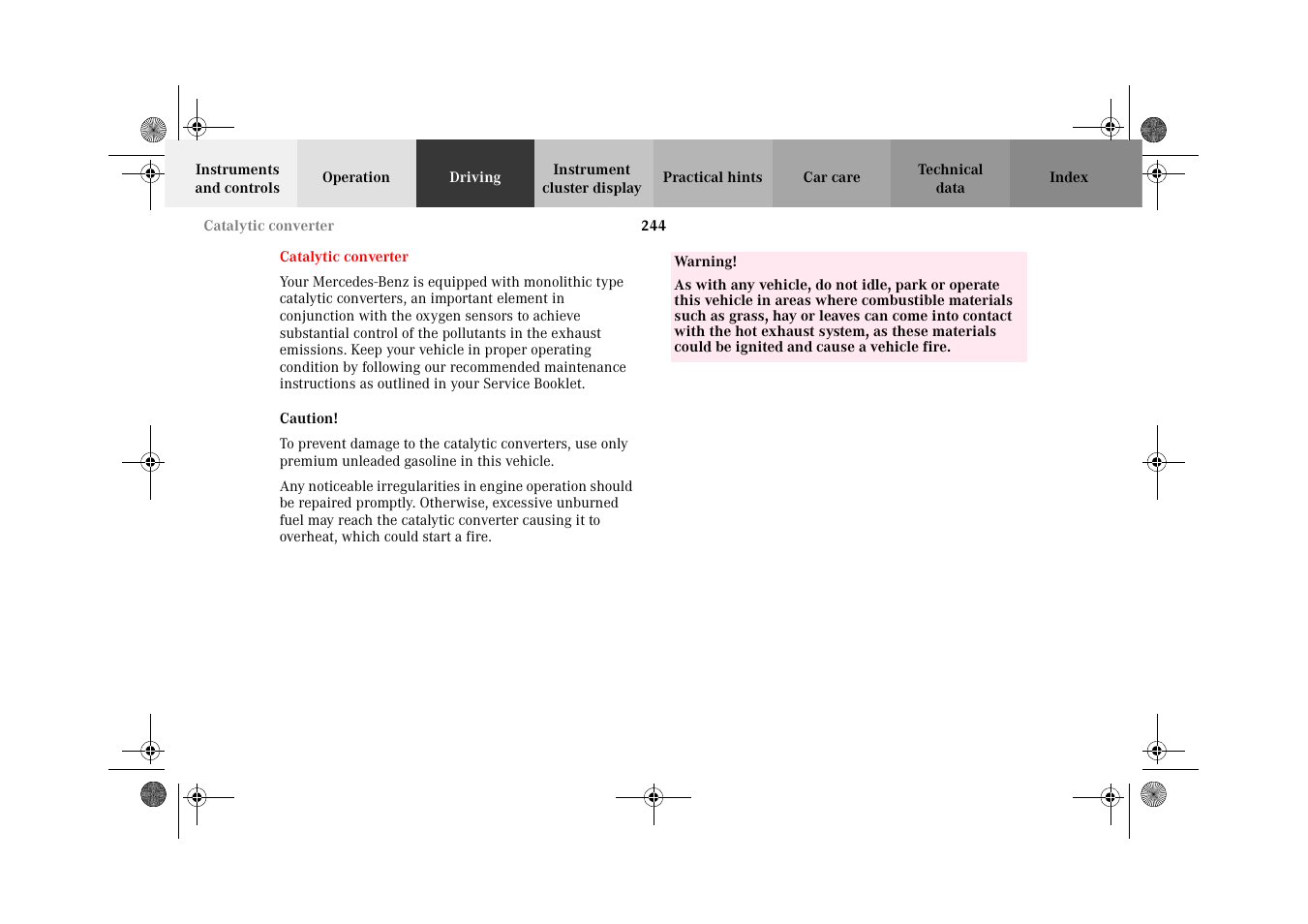 Catalytic converter | Mercedes-Benz 2002 C-Class User Manual | Page 247 / 406