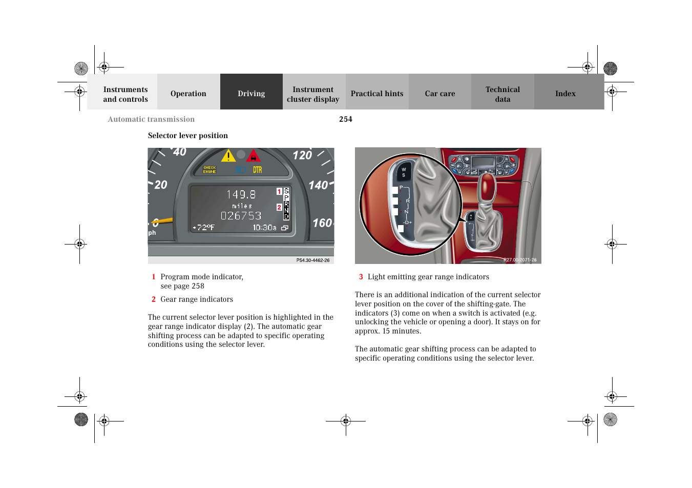 Selector lever position | Mercedes-Benz 2002 C-Class User Manual | Page 257 / 406