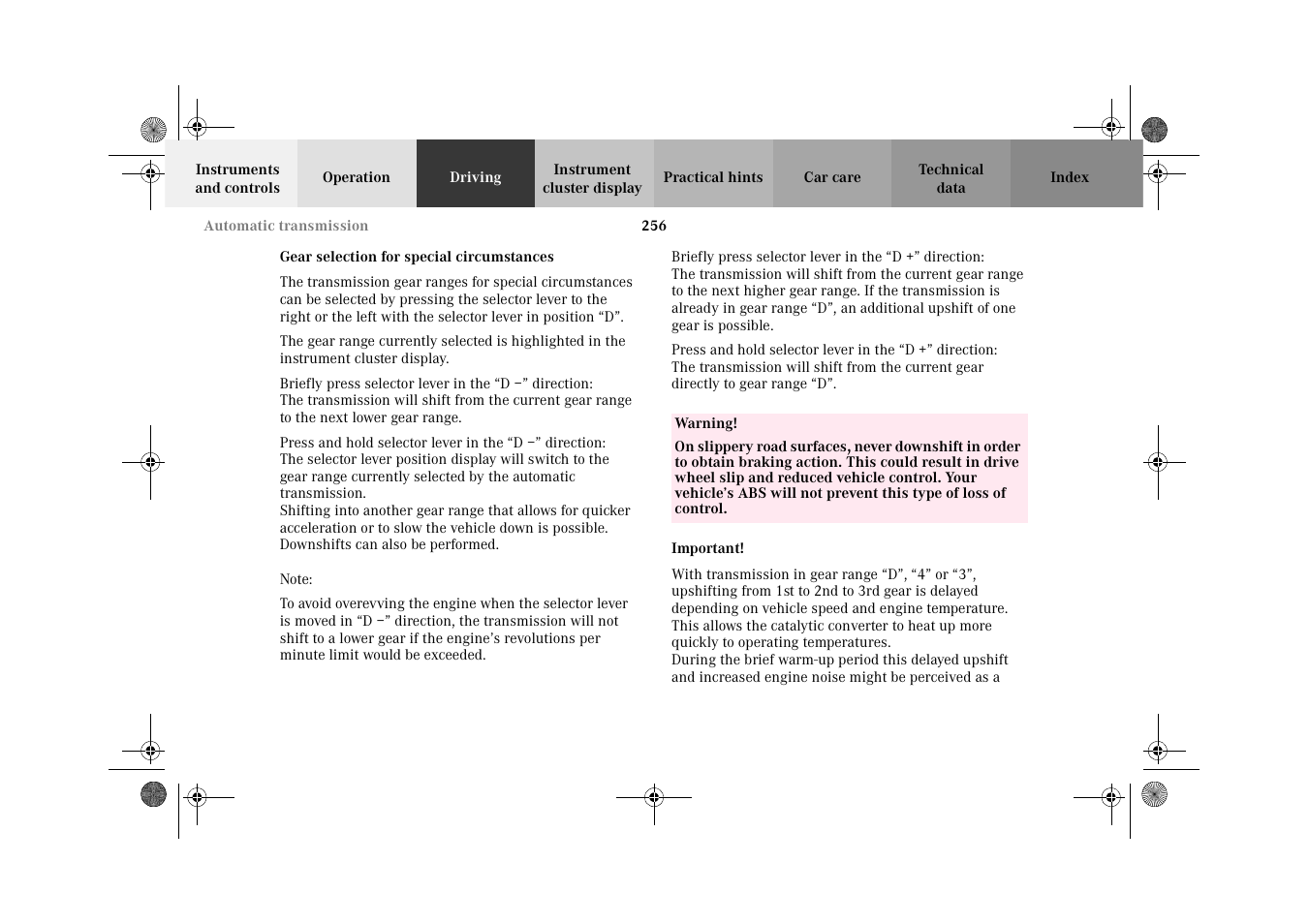 Gear selection for special circumstances | Mercedes-Benz 2002 C-Class User Manual | Page 259 / 406