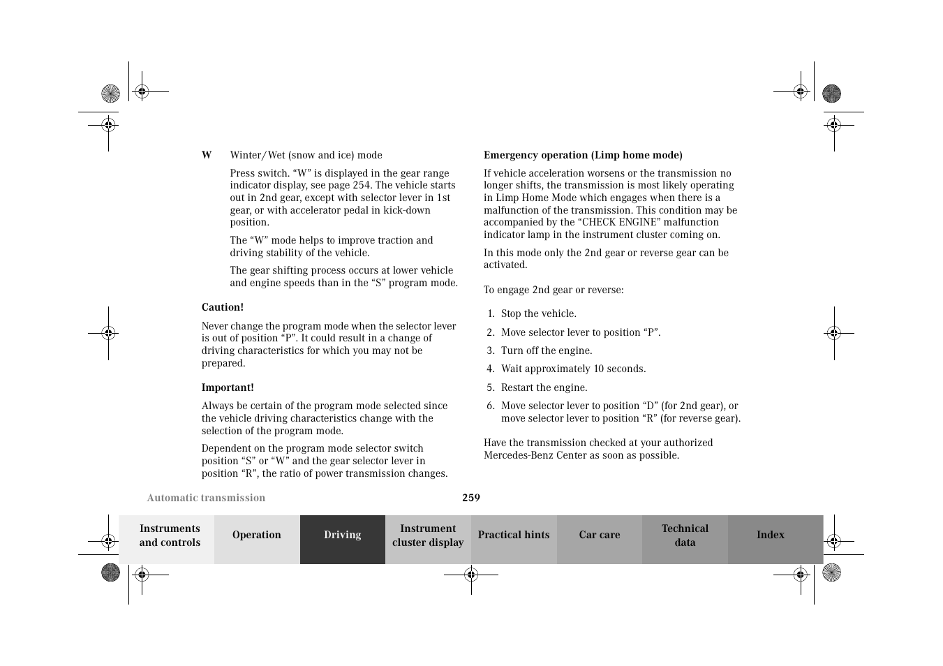 Emergency operation (limp home mode) | Mercedes-Benz 2002 C-Class User Manual | Page 262 / 406