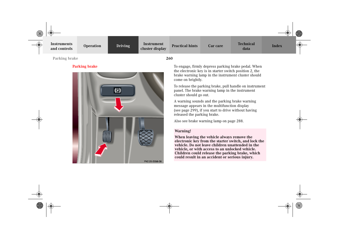 Parking brake | Mercedes-Benz 2002 C-Class User Manual | Page 263 / 406