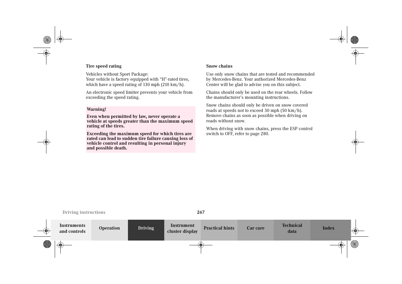 Snow chains | Mercedes-Benz 2002 C-Class User Manual | Page 270 / 406