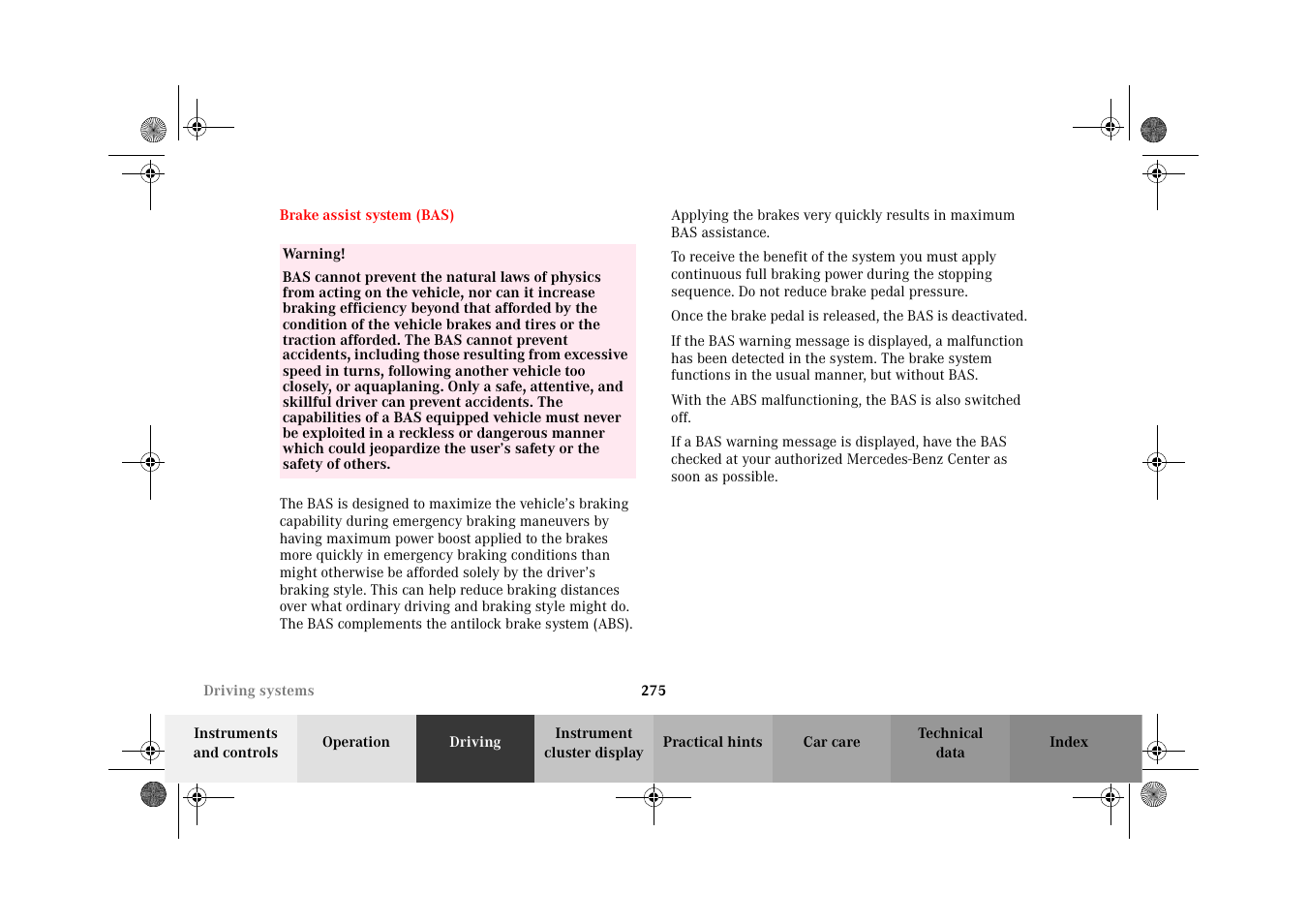 Brake assist system (bas) | Mercedes-Benz 2002 C-Class User Manual | Page 278 / 406