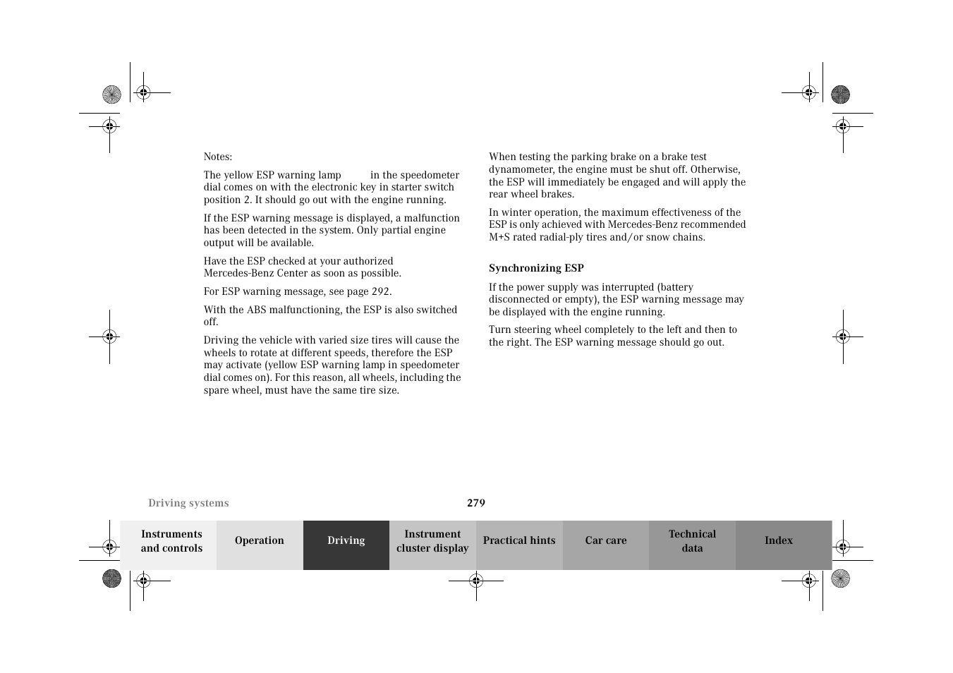 Synchronizing esp | Mercedes-Benz 2002 C-Class User Manual | Page 282 / 406
