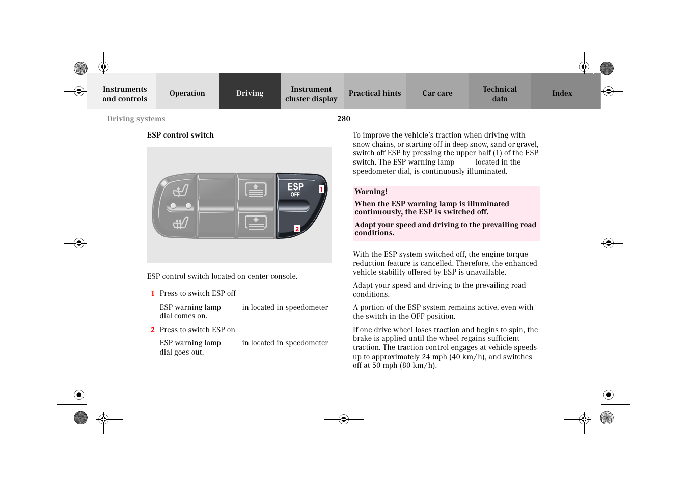 Esp control switch | Mercedes-Benz 2002 C-Class User Manual | Page 283 / 406
