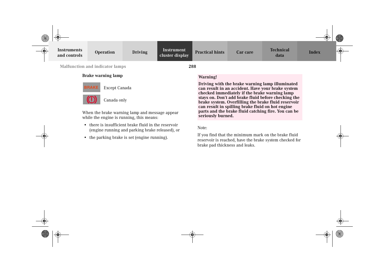Brake warning lamp | Mercedes-Benz 2002 C-Class User Manual | Page 291 / 406