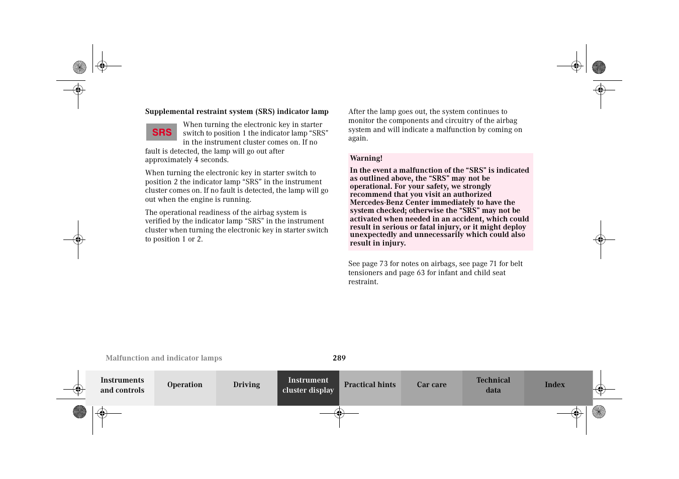 Supplemental restraint system (srs) indicator lamp | Mercedes-Benz 2002 C-Class User Manual | Page 292 / 406