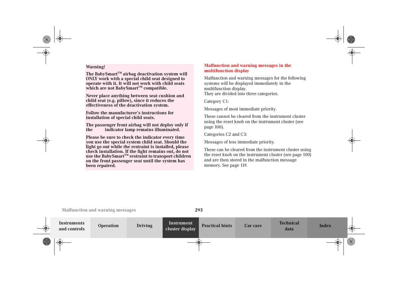 Malfunction and warning messages, Malfunction and, Warning messages in the multifunction display | Mercedes-Benz 2002 C-Class User Manual | Page 296 / 406