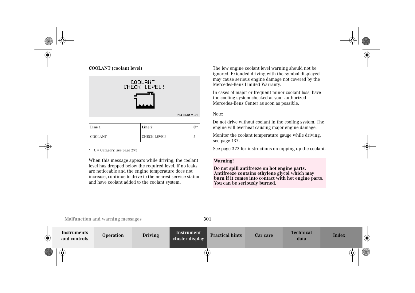 Coolant (coolant level) | Mercedes-Benz 2002 C-Class User Manual | Page 304 / 406