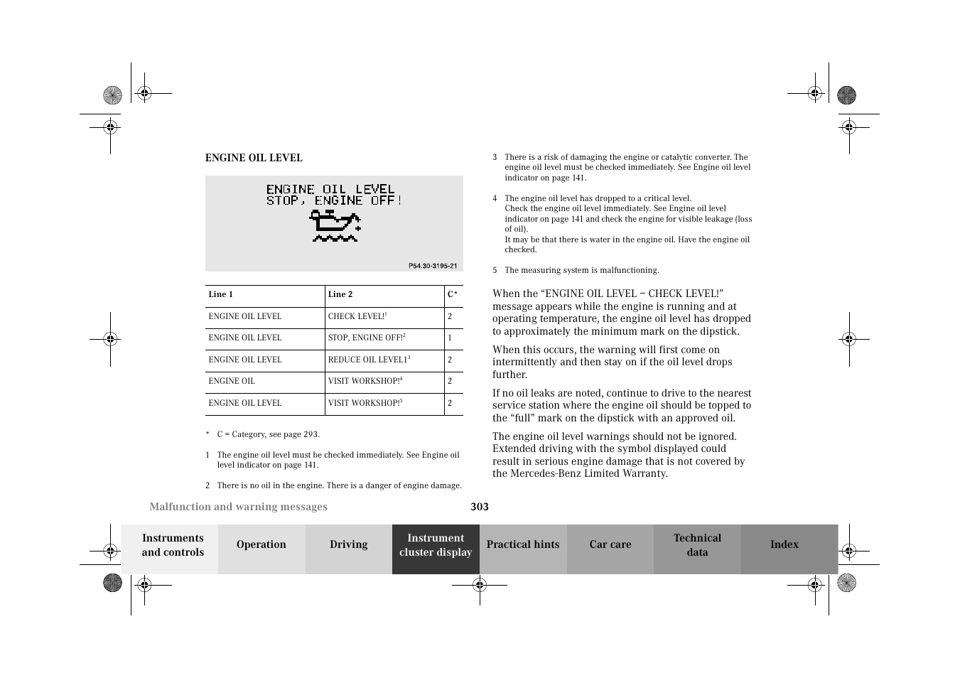 Engine oil level | Mercedes-Benz 2002 C-Class User Manual | Page 306 / 406