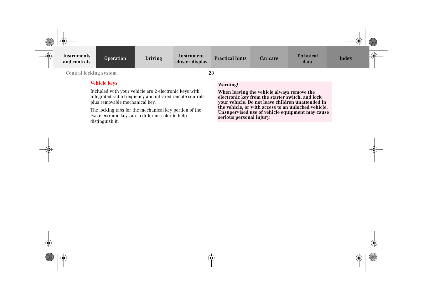 Operation, Vehicle keys | Mercedes-Benz 2002 C-Class User Manual | Page 31 / 406