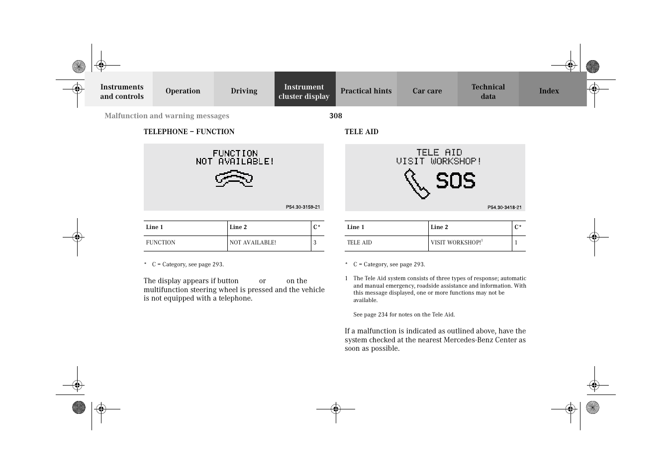 Telephone – function, Tele aid, Telephone – function tele aid | Mercedes-Benz 2002 C-Class User Manual | Page 311 / 406