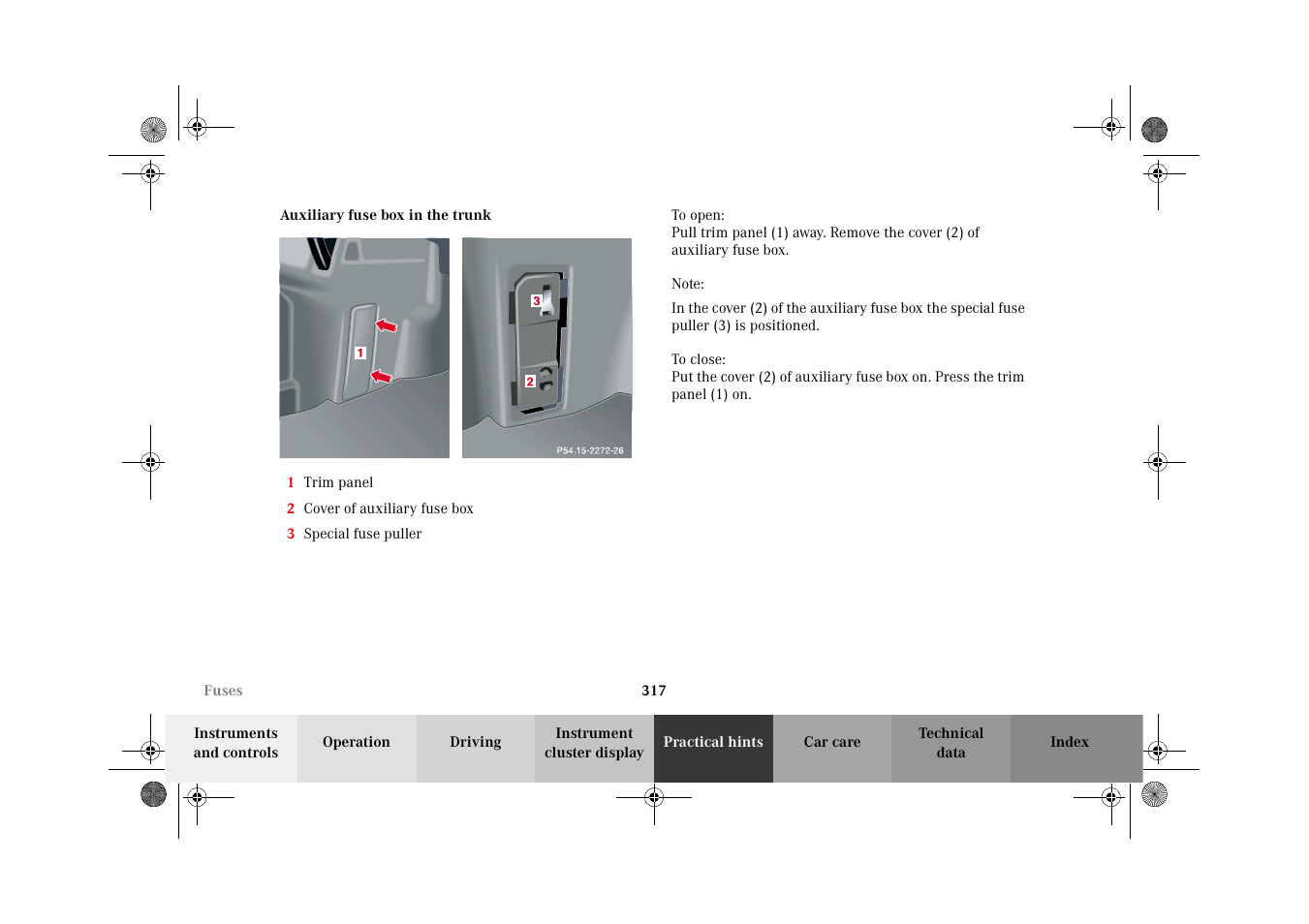 Auxiliary fuse box in the trunk | Mercedes-Benz 2002 C-Class User Manual | Page 320 / 406