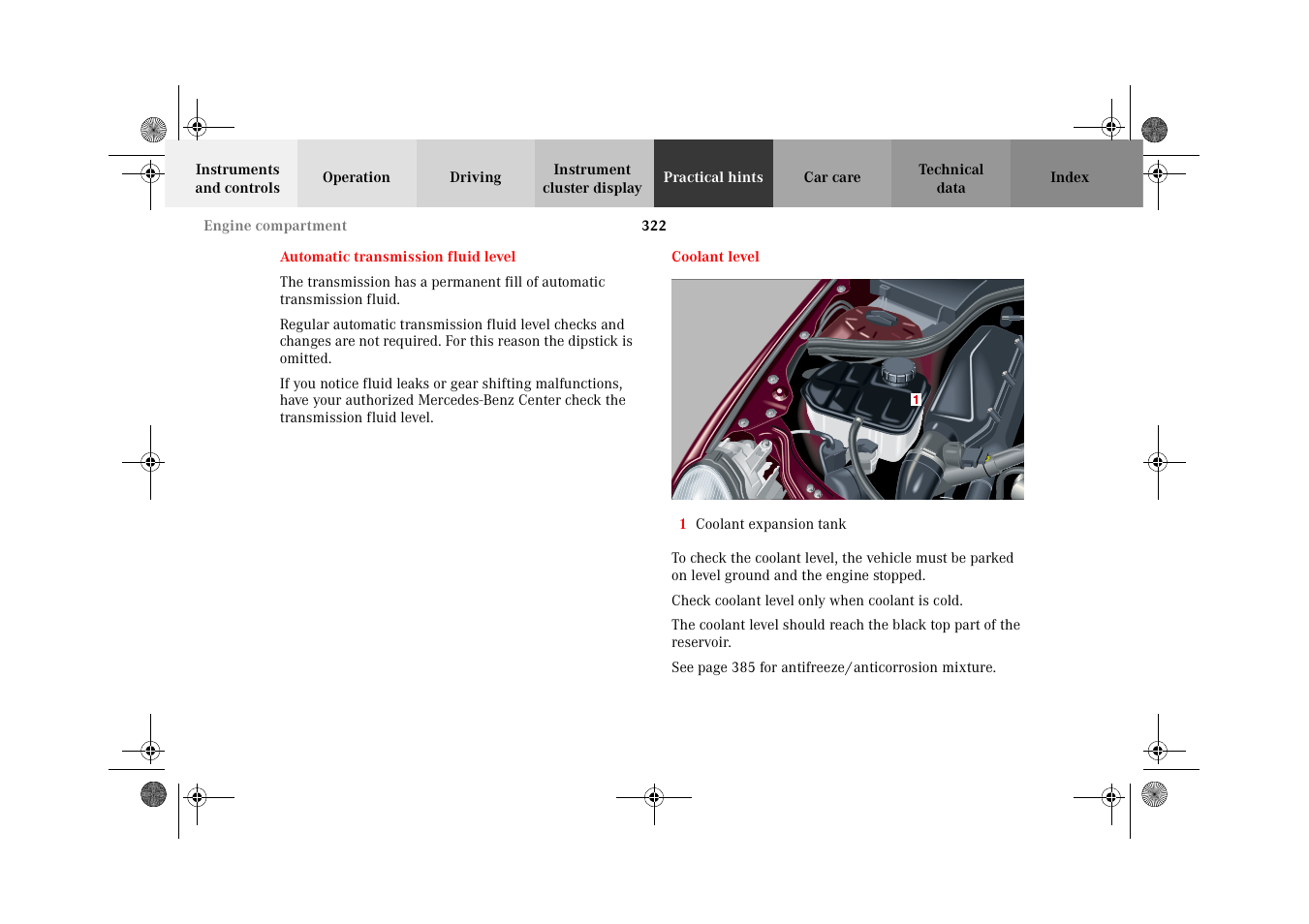 Automatic transmission fluid level, Coolant level, Automatic transmission | Fluid level | Mercedes-Benz 2002 C-Class User Manual | Page 325 / 406