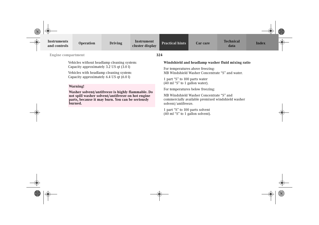 Windshield and headlamp washer fluid mixing ratio | Mercedes-Benz 2002 C-Class User Manual | Page 327 / 406