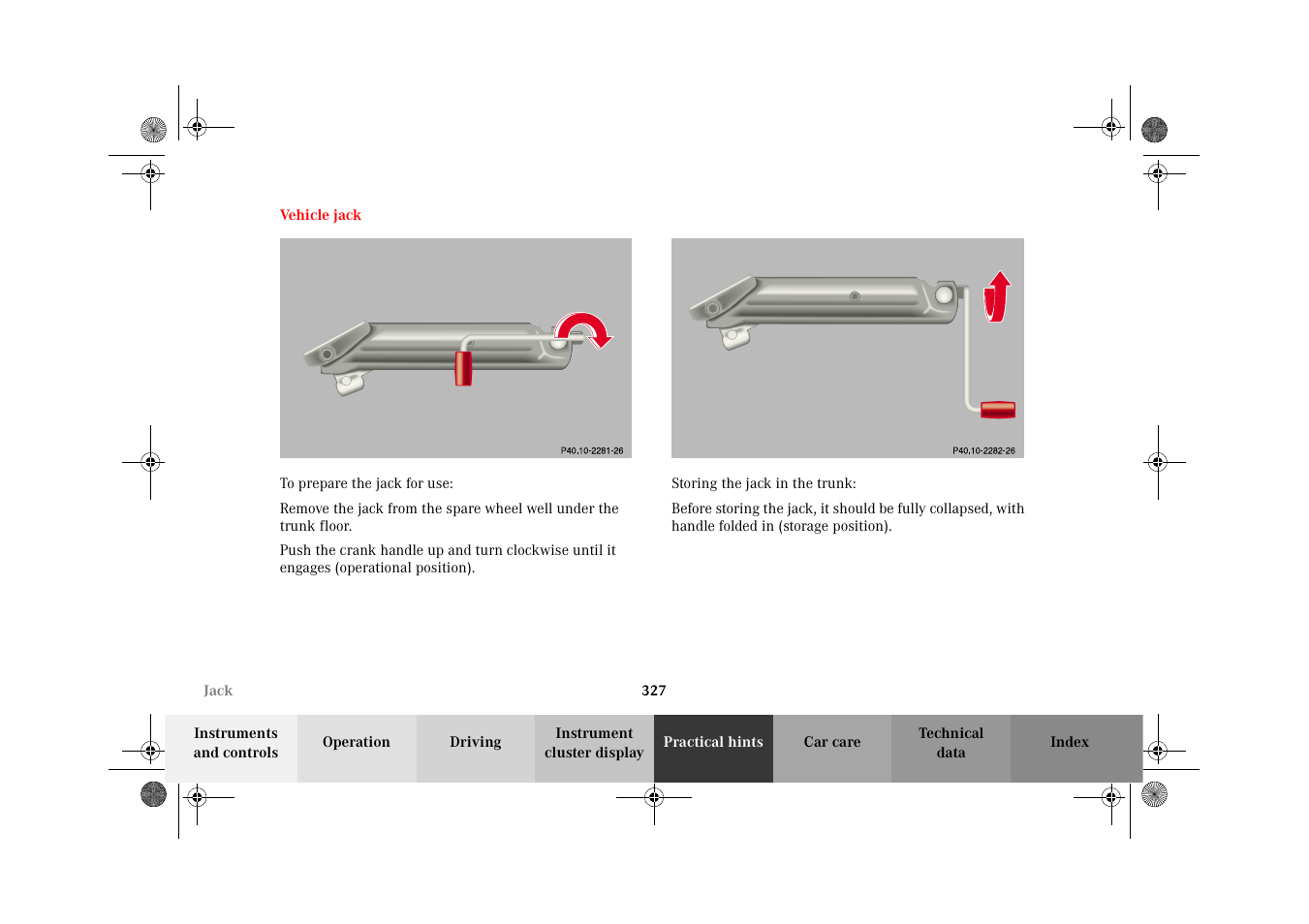 Jack, Vehicle jack | Mercedes-Benz 2002 C-Class User Manual | Page 330 / 406