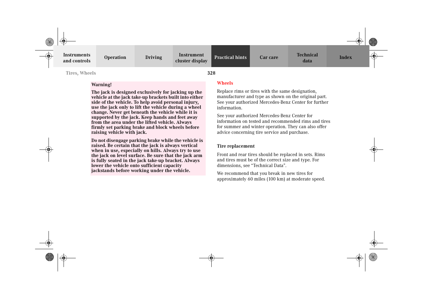 Wheels, Tire replacement | Mercedes-Benz 2002 C-Class User Manual | Page 331 / 406