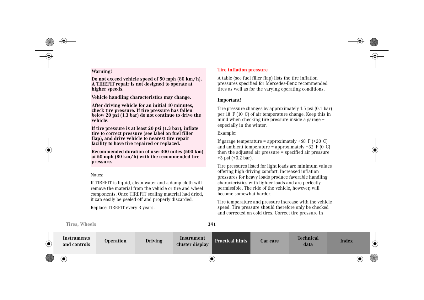 Tire inflation pressure | Mercedes-Benz 2002 C-Class User Manual | Page 344 / 406