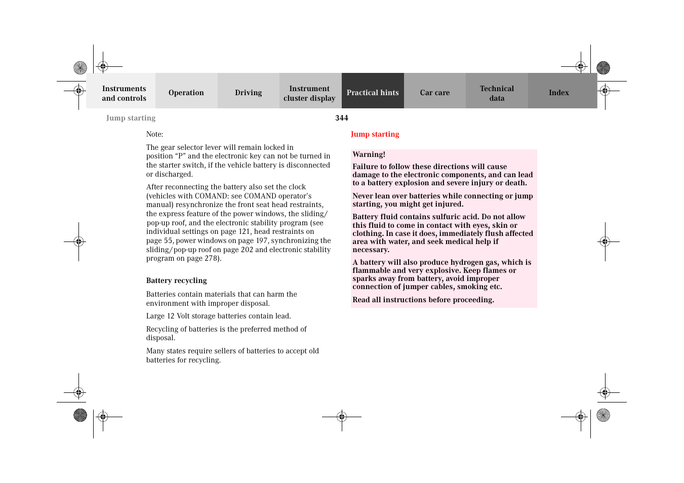 Battery recycling, Jump starting | Mercedes-Benz 2002 C-Class User Manual | Page 347 / 406