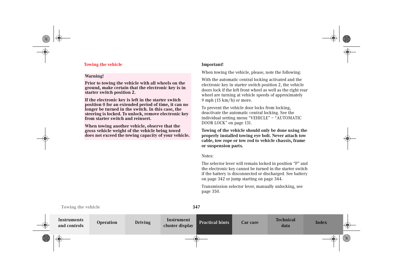 Towing the vehicle | Mercedes-Benz 2002 C-Class User Manual | Page 350 / 406