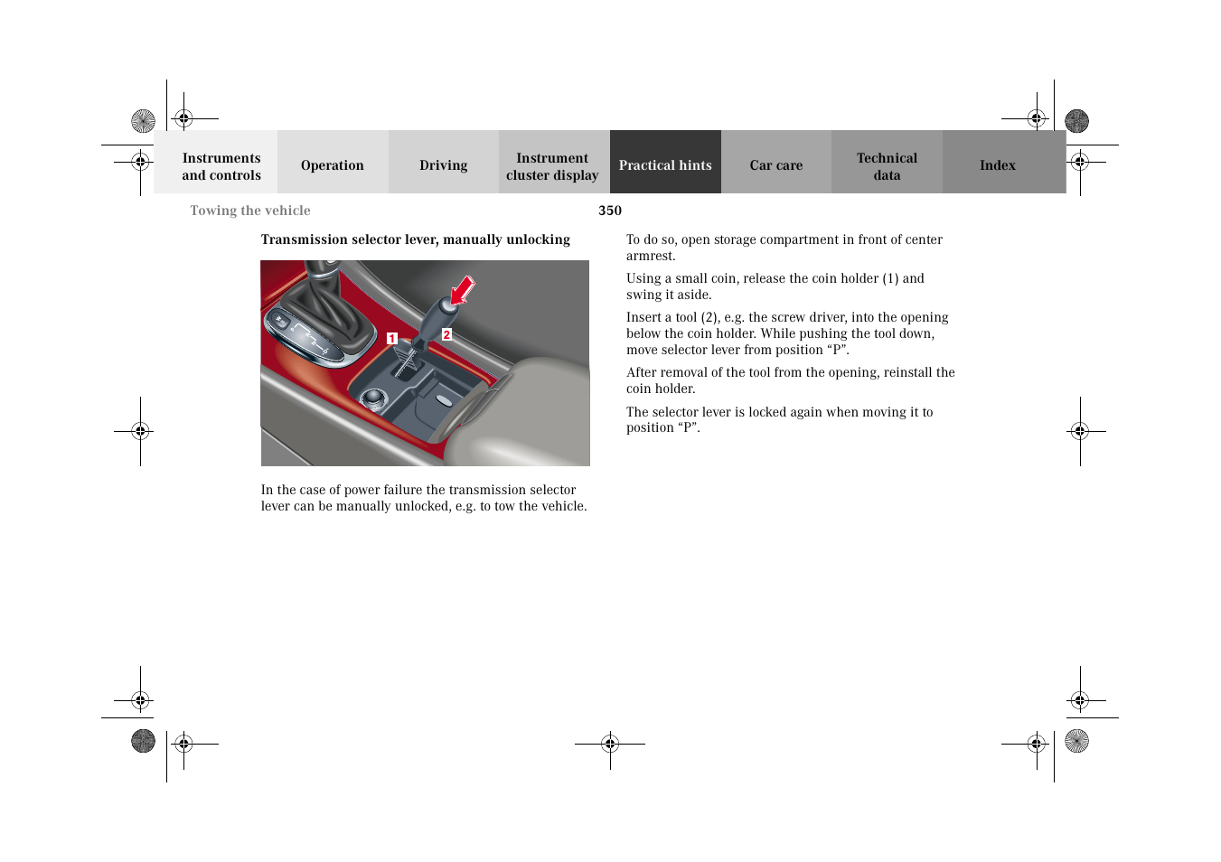 Transmission selector lever, manually unlocking | Mercedes-Benz 2002 C-Class User Manual | Page 353 / 406