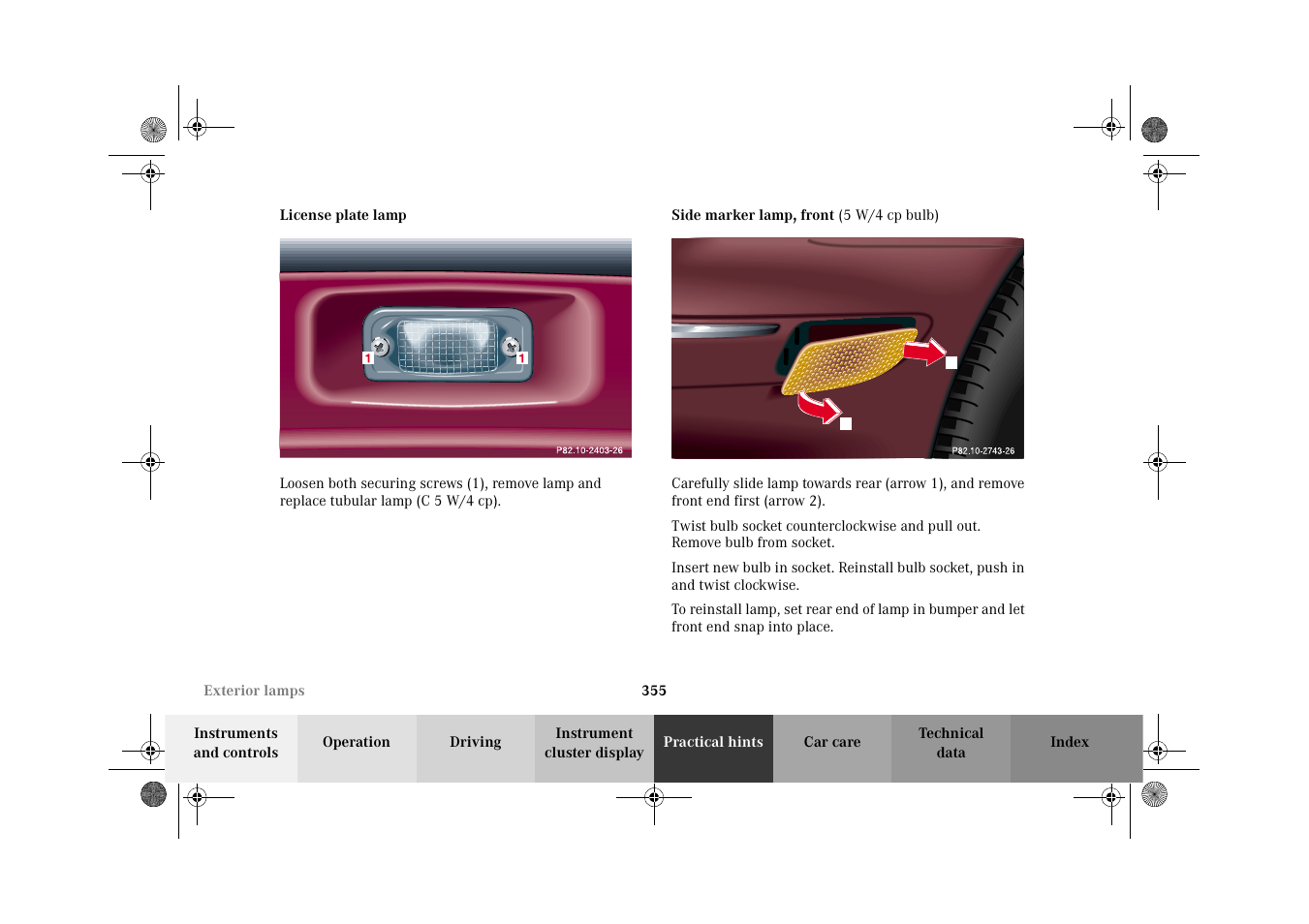 Exterior lamps:license plate lamp, Exterior lamps:side marker lamp, front | Mercedes-Benz 2002 C-Class User Manual | Page 358 / 406