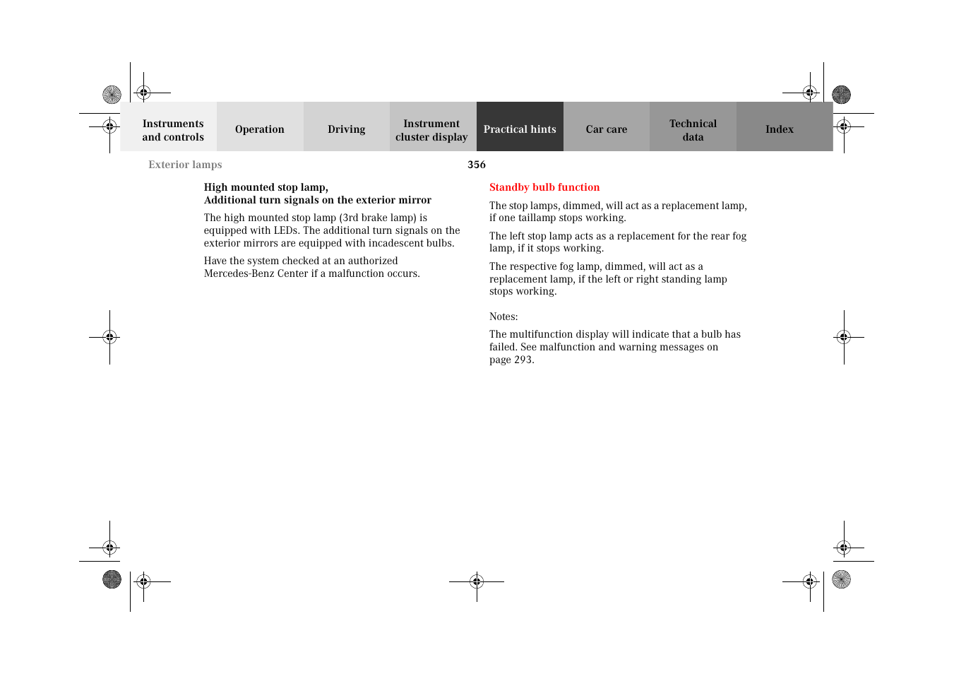 Exterior lamps:high mounted stop lamp, Standby bulb function | Mercedes-Benz 2002 C-Class User Manual | Page 359 / 406