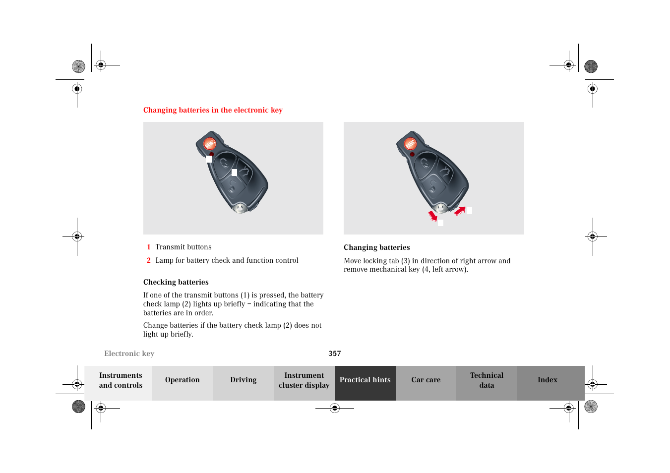 Electronic key:changing batteries, Checking batteries, Changing batteries | Changing batteries in the, Electronic main key | Mercedes-Benz 2002 C-Class User Manual | Page 360 / 406