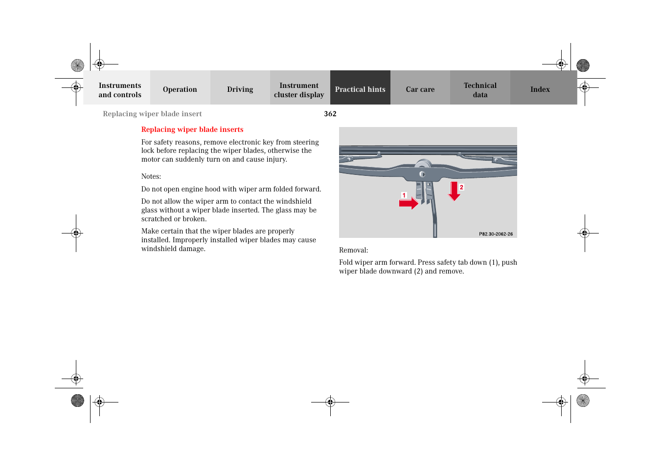 Replacing wiper blade insert | Mercedes-Benz 2002 C-Class User Manual | Page 365 / 406